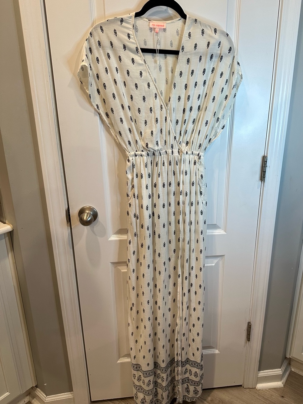 re:named Cream Boho Maxi Dress with Navy Print